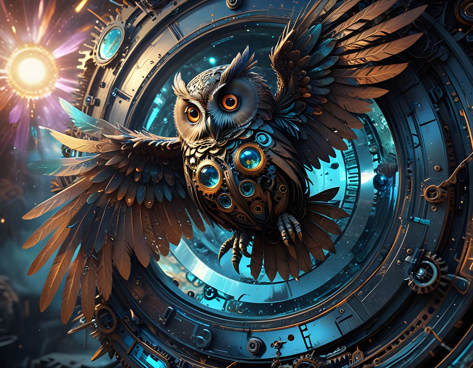 Clockwork Owl Soaring Through Abstract Vortex