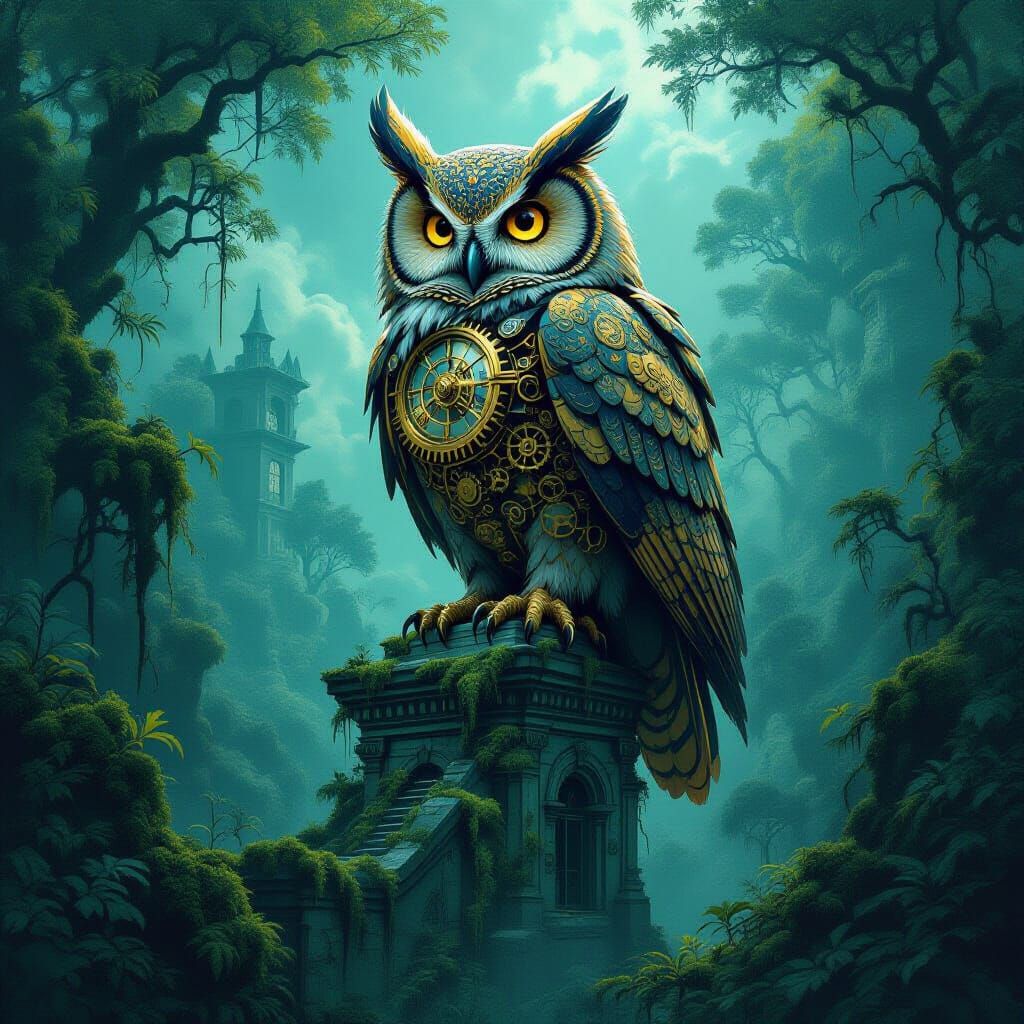 Clockwork Owl on Victorian Observatory, Bioluminescent Fores...