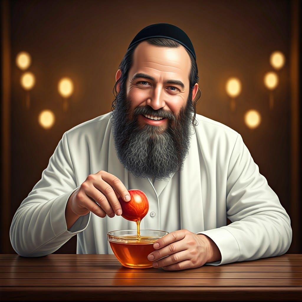 Joyful Orthodox Jew Dipping Apple in Honey, Anime Style