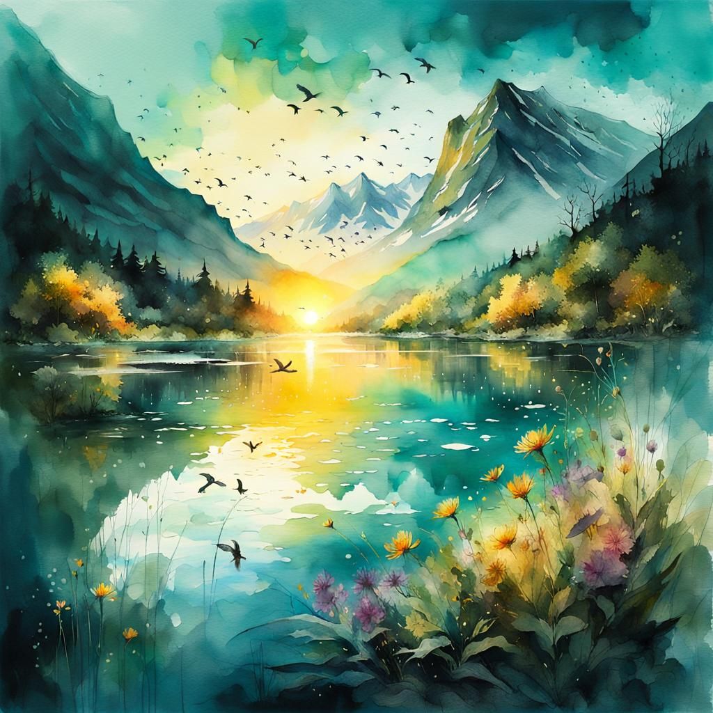 Sunrise Over Mountain Lake: Watercolor Illustration