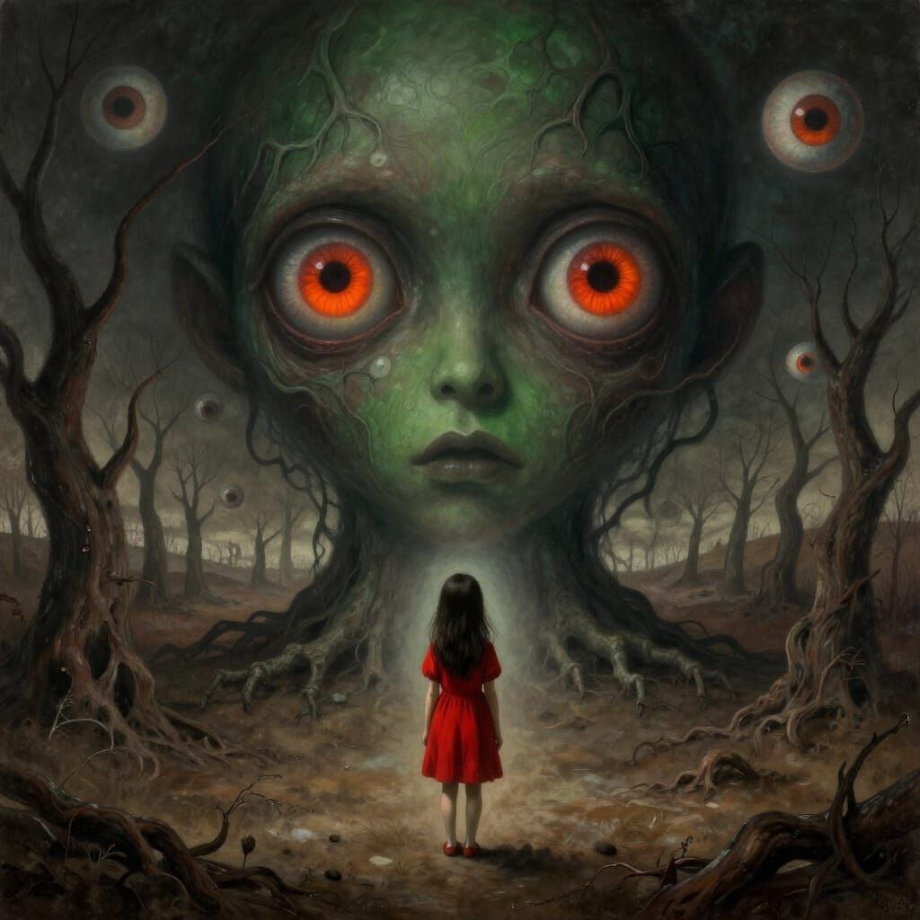 Eerie Dark Fairytale Girl Meets Grotesque Eyed Creature