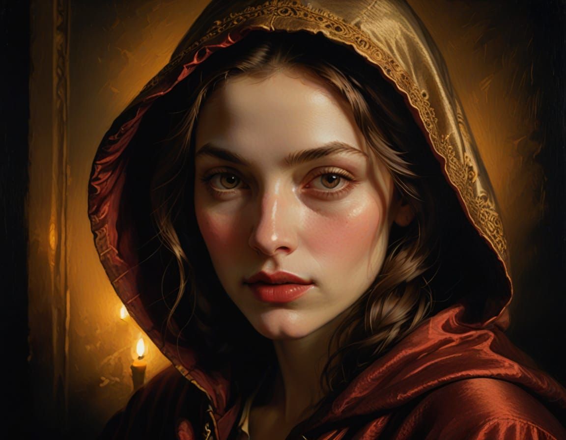 Mysterious Woman in Warm Candlelight, Old Masters Style Oil ...