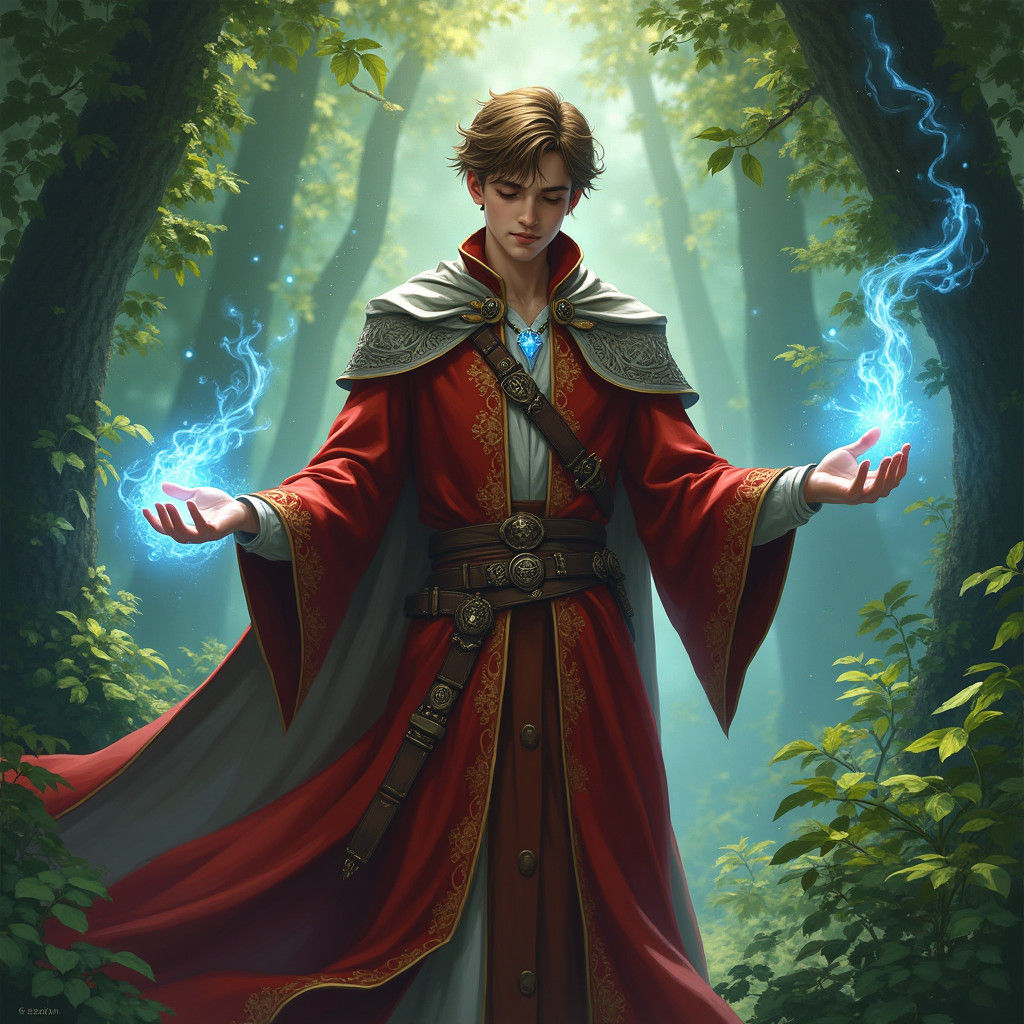 Young Mage Casting Spell in Faewild, Fantasy Illustration