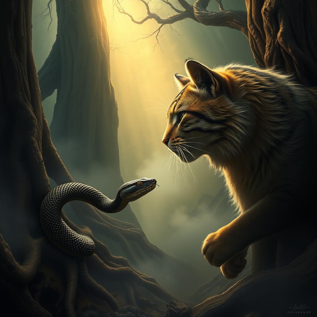 Mystical Forest Encounter: Cat and Snake