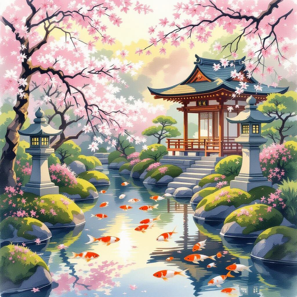 Serene Japanese Zen Garden with Koi Pond and Cherry Blossoms