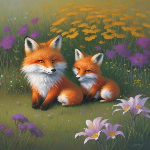 Foxes Cuddling Among Flowers as Oil Painting