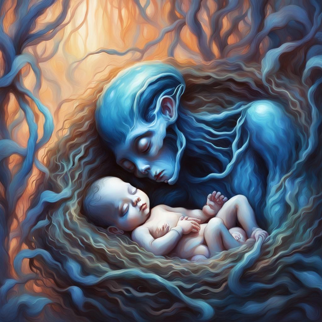Alien and Human Babies in Dreamy Embrace