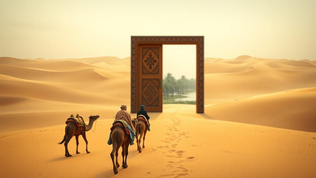 Surreal Desert Caravan Finds Oasis Door