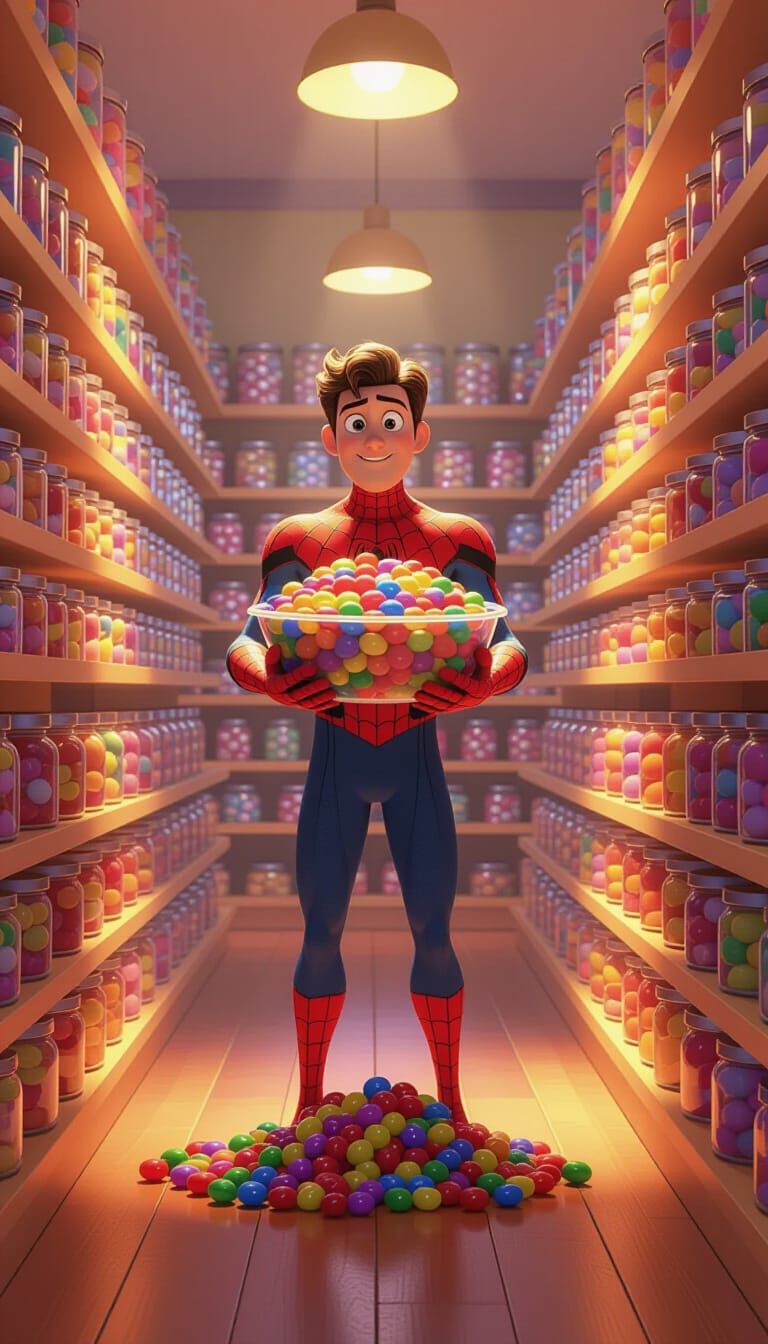 Spider-Man in Candy Store, Pixar-Style 3D Animation