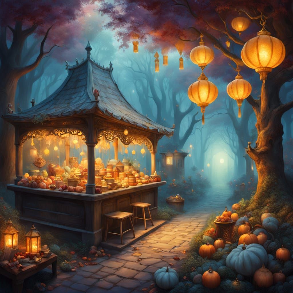 Whimsical Fantasy Market in a Foggy Forest