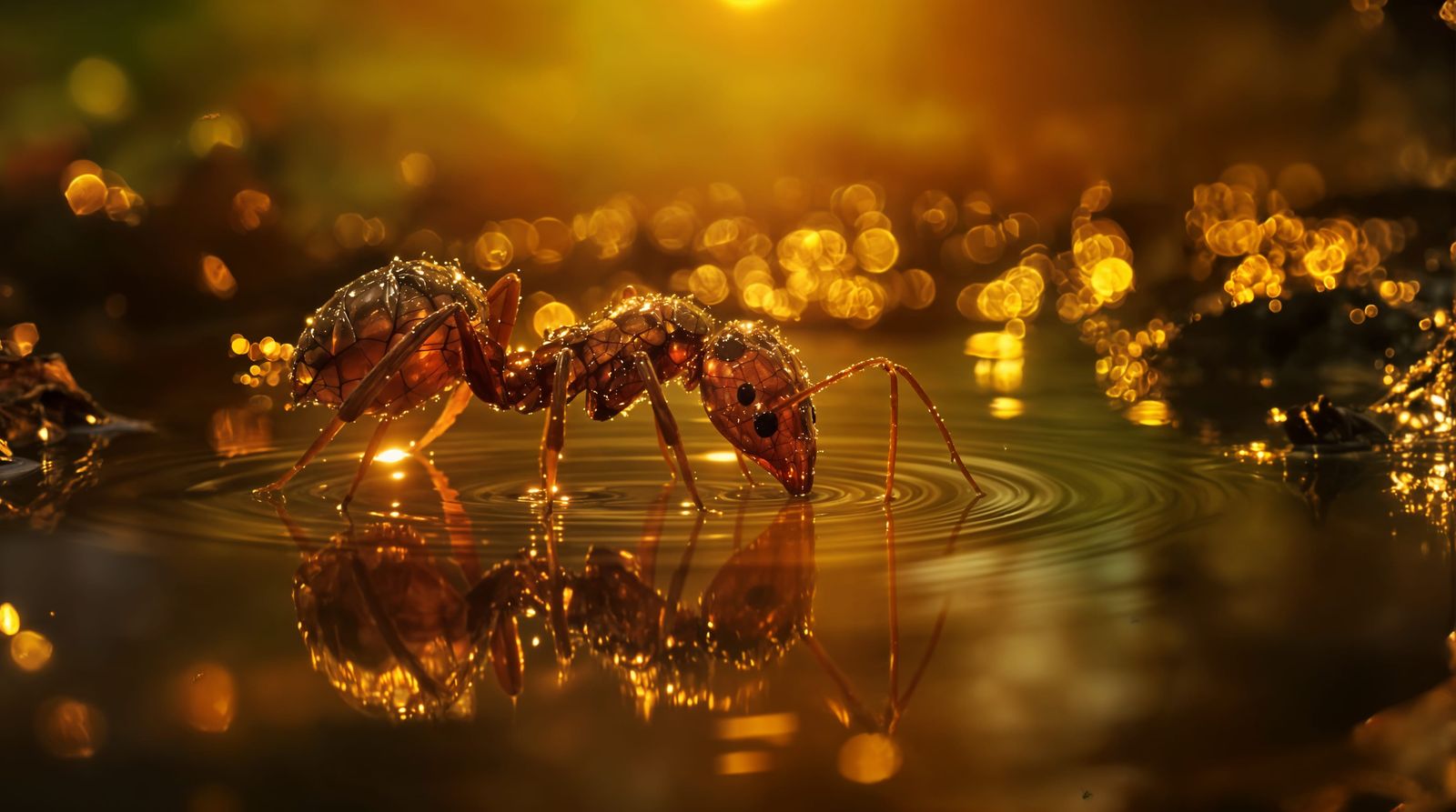 Macro Photograph of Ant Drinking by Puddles at Night