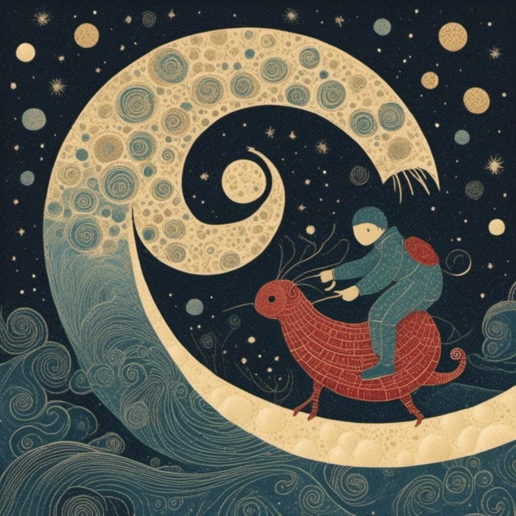 Astronauts Carving a Crescent Moon in Space