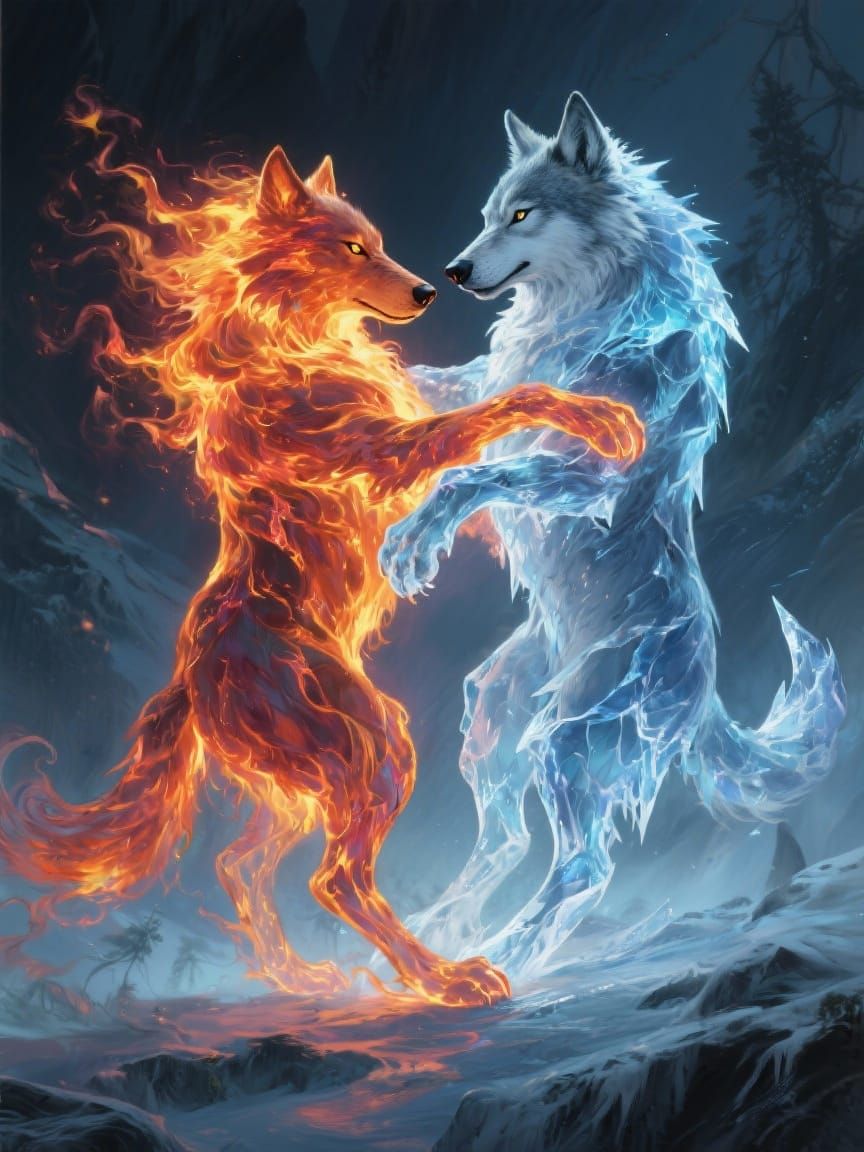 Fire and Ice Wolves Dance in Mythic Fantasy Art