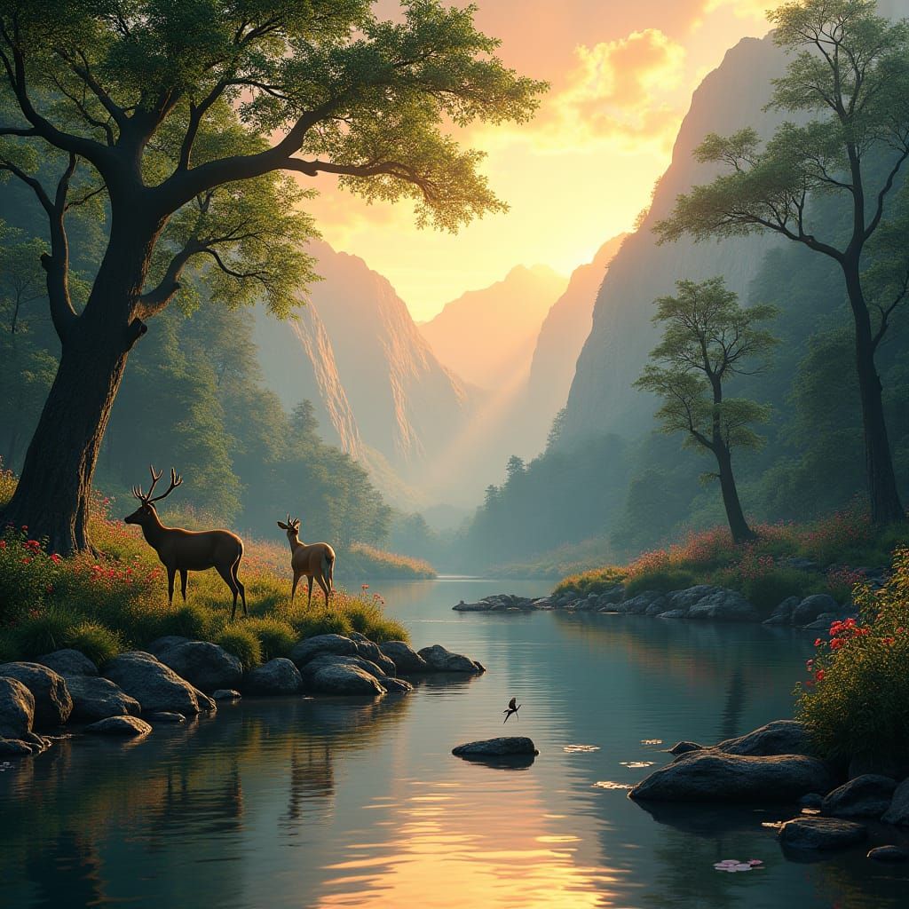 Lush Nature Scene at Sunrise, Dreamlike Landscape
