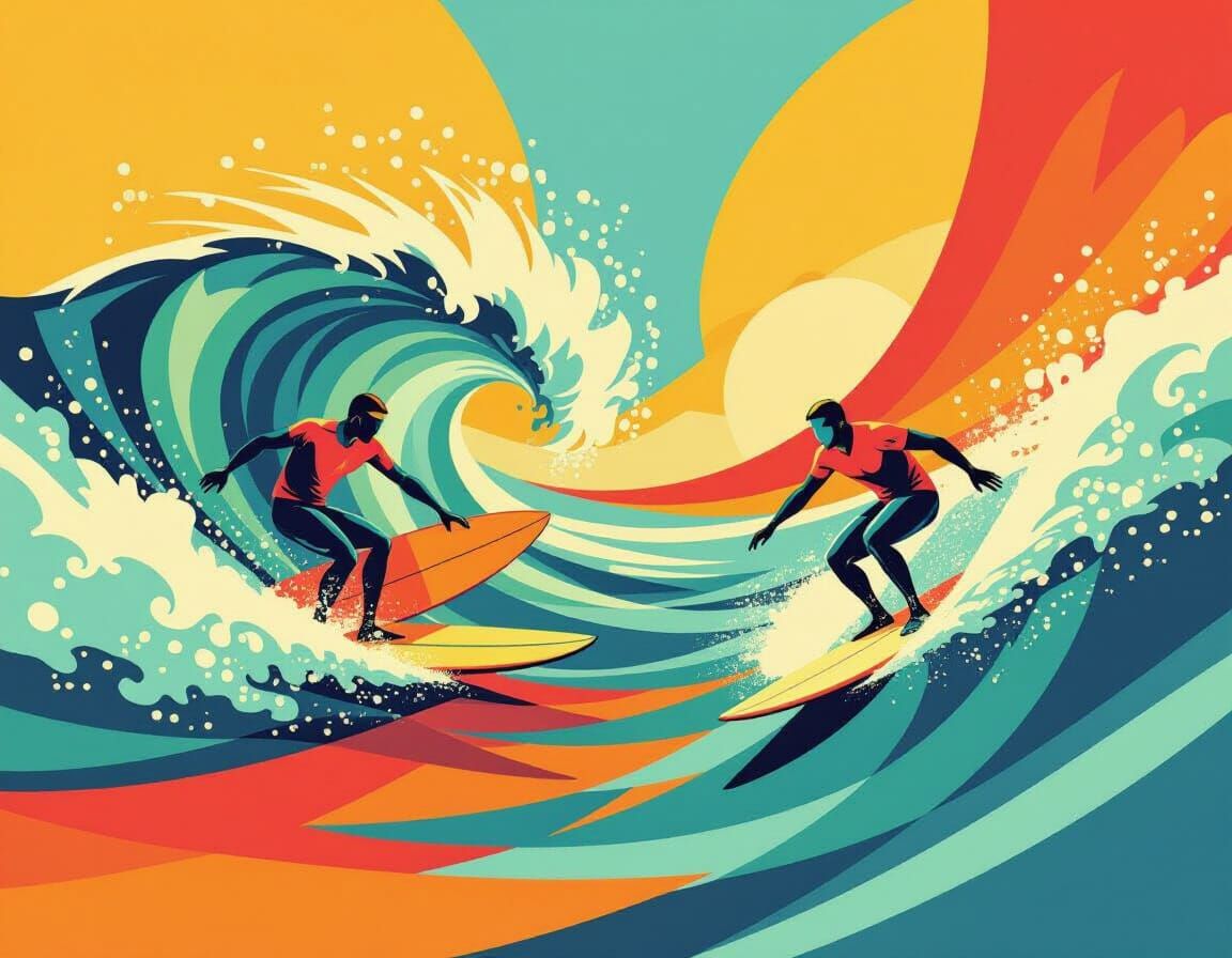 Vintage Surfers in Hot Colors Abstract Geometric Art