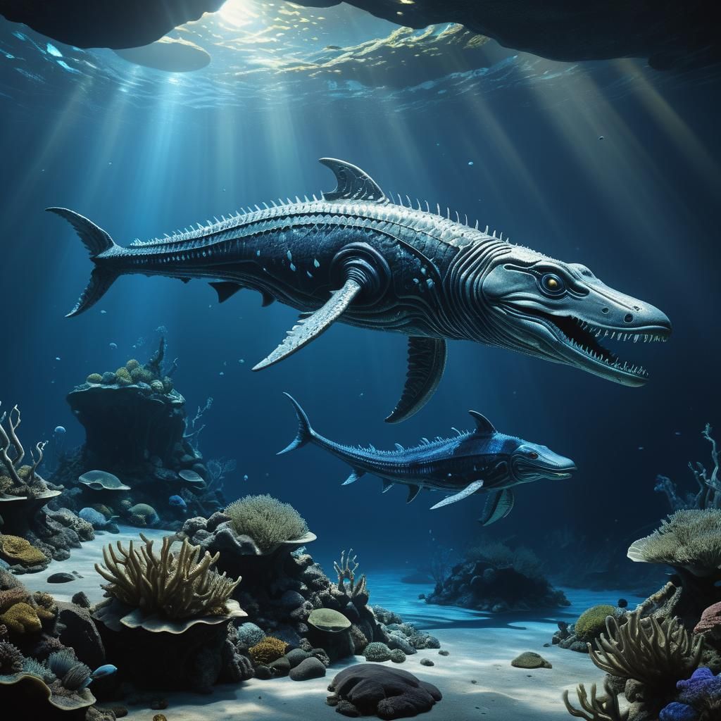 Alien Ichthyosaur in Bioluminescent Underwater Biome