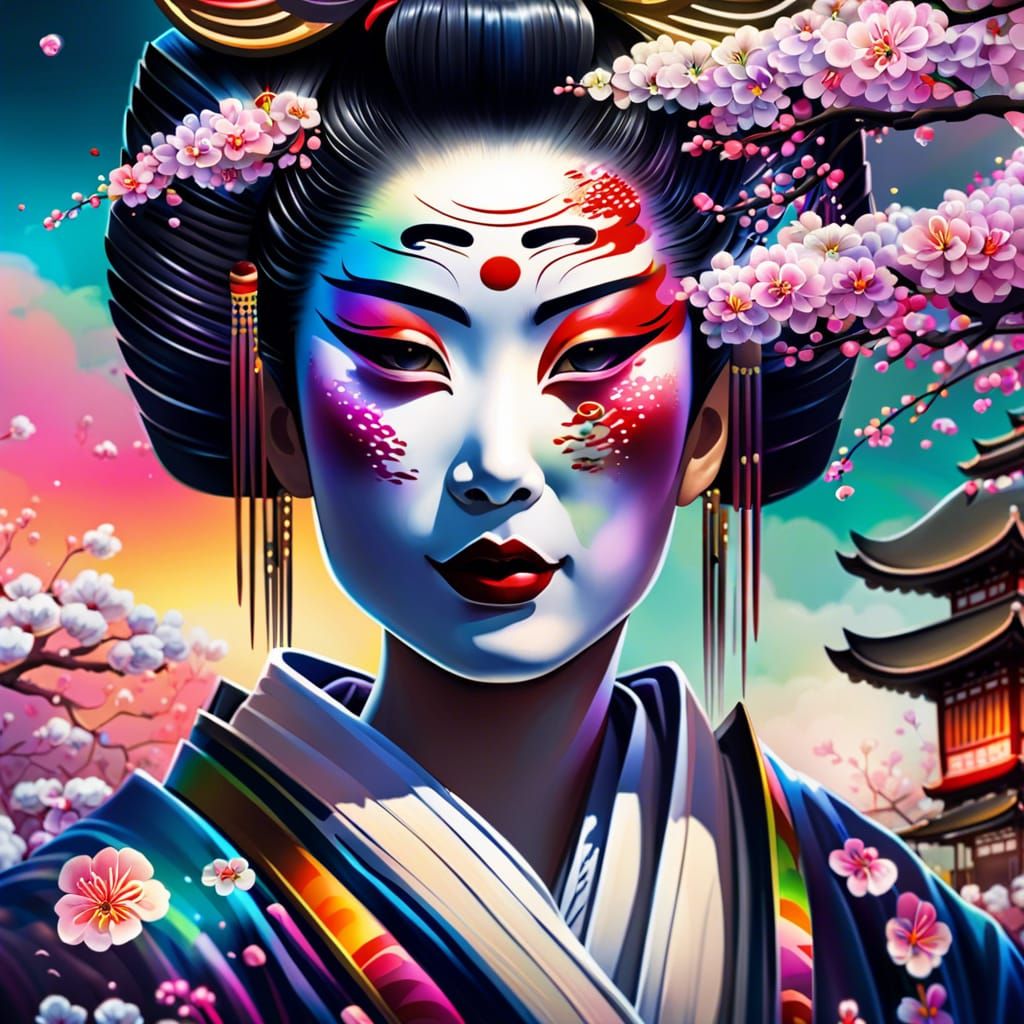 A Geisha in a Japanese Garden Full of Cherry Blossoms v7