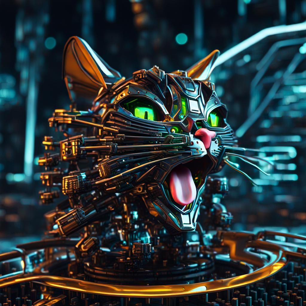 Cybernetic Cat Licking Oil in Sci-Fi Cityscape