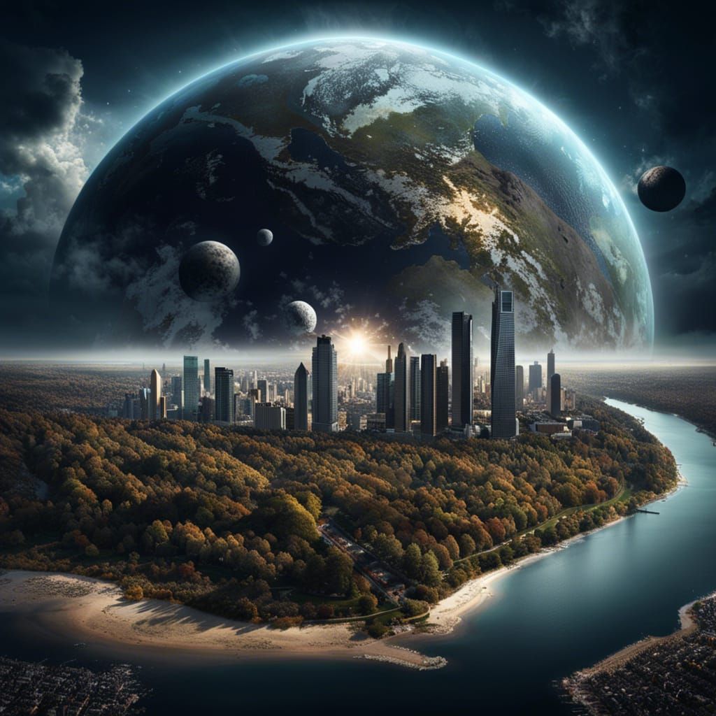 Golden Ringed Planet Over City of the Future