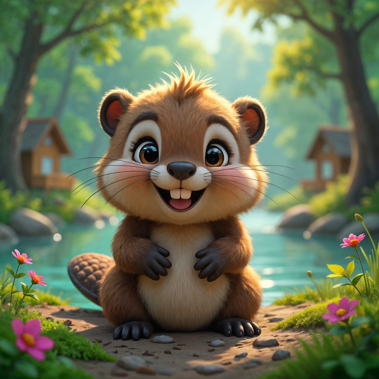 Adorable Chibi Beaver Cub in Enchanting Forest