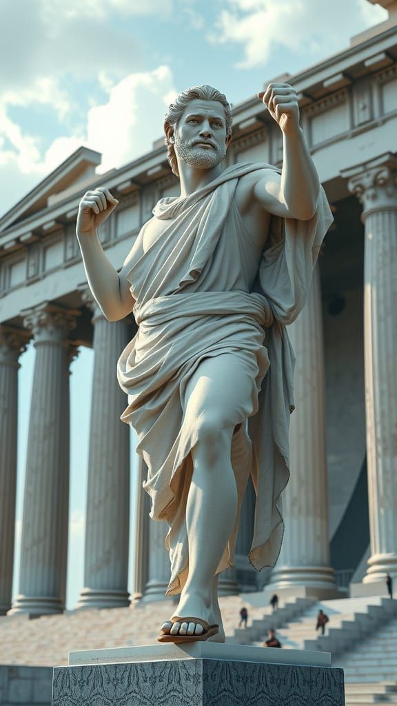 Epic Greek-Roman Marble Statue in Dramatic Temple Setting