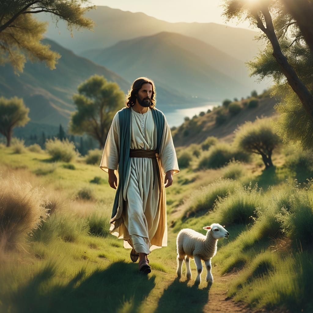 Jesus Christ Walking with Lamb in Galilee