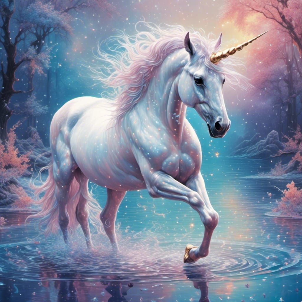 Majestic Unicorn Walking on Water with Victorian Lace