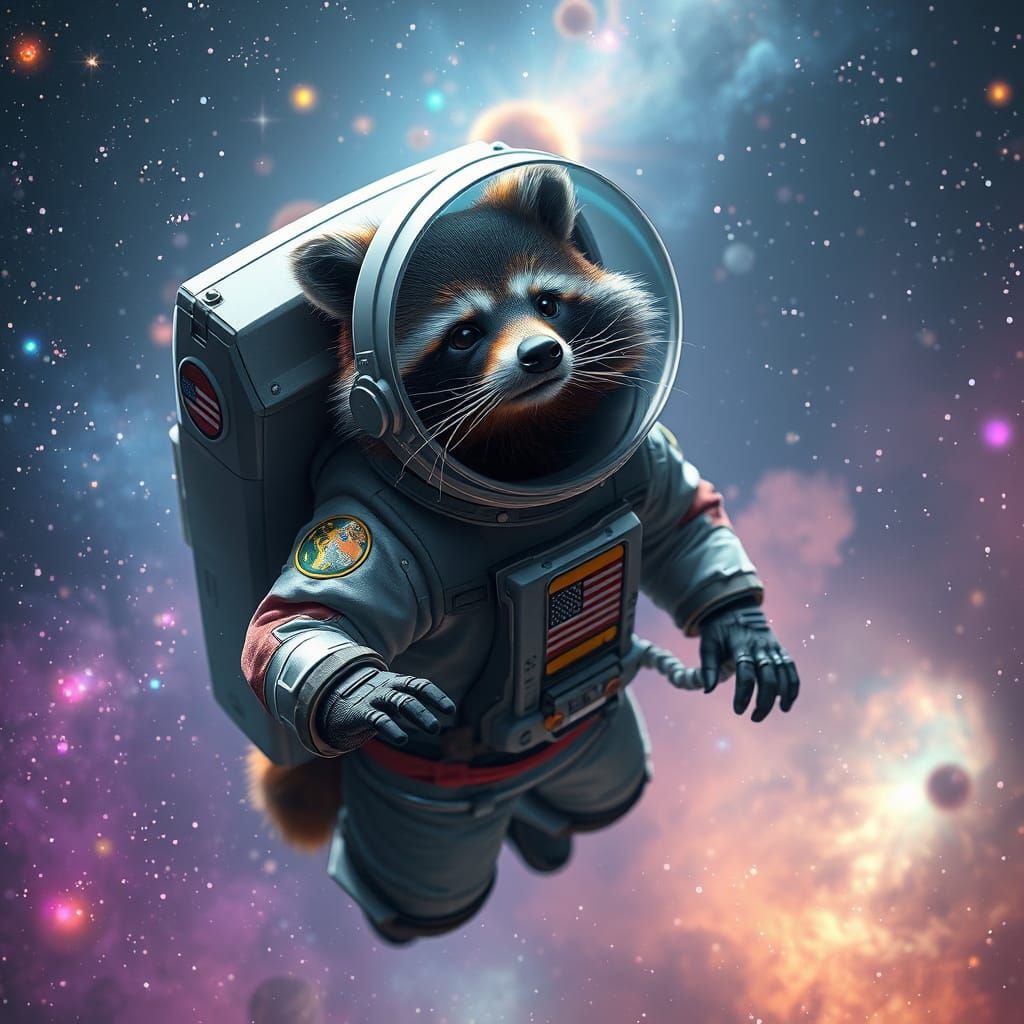 Raccoon Astronaut Soaring Through a Cosmic Nebula