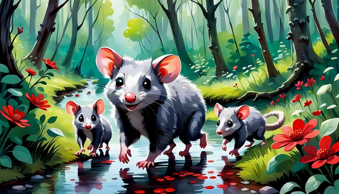 Possum Family in Forest, Watercolor Style