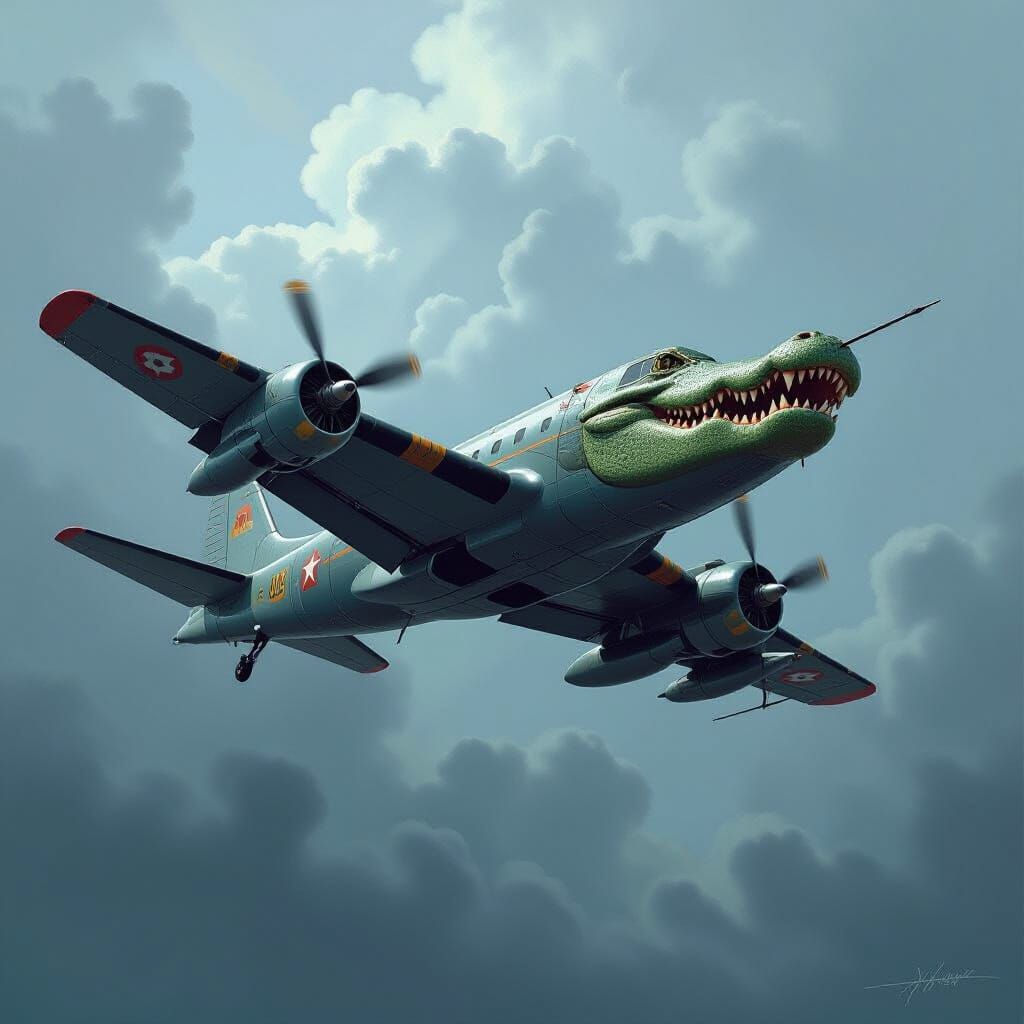 Alligator-Headed War Plane in Stormy Sky