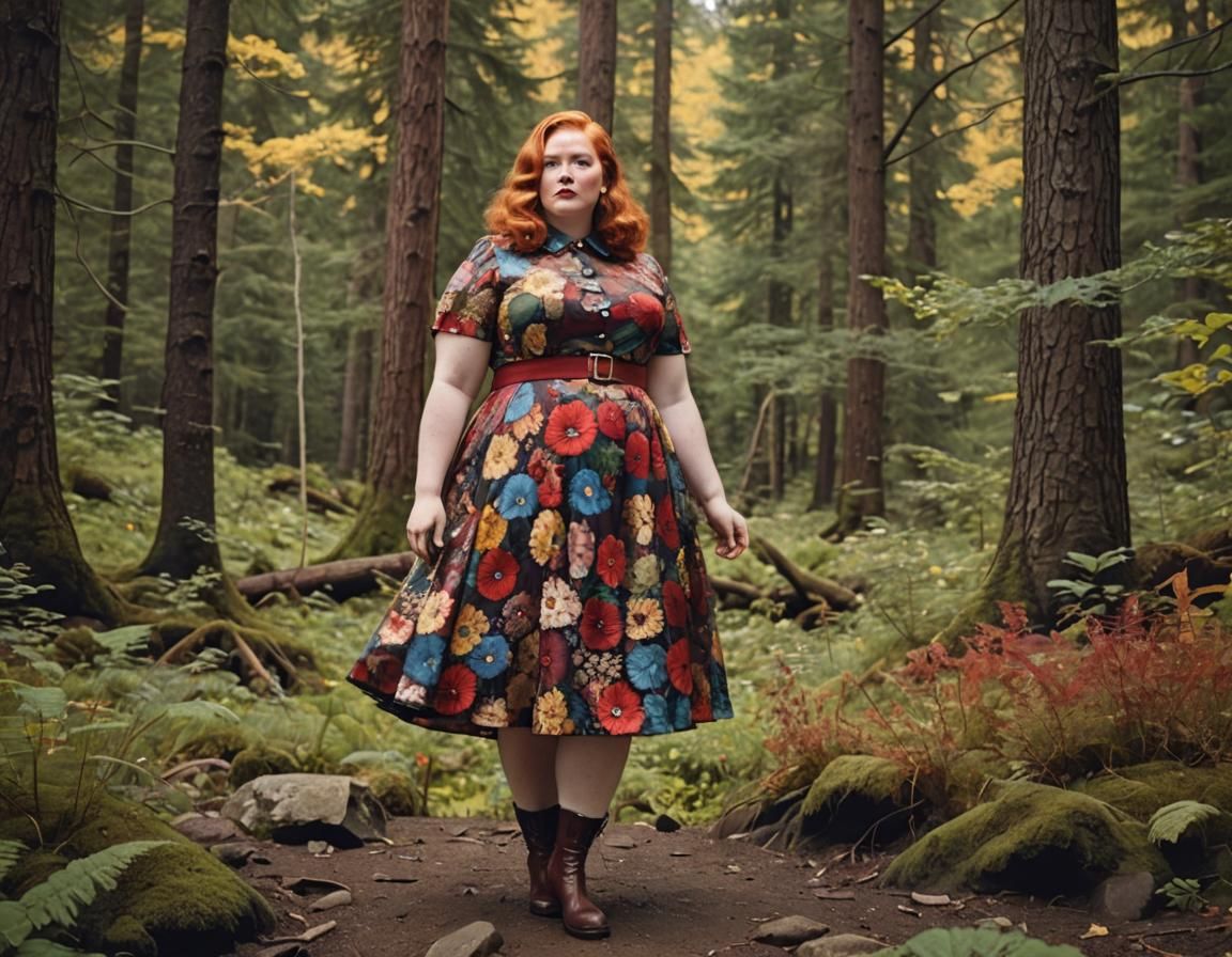 Beautiful chubby ginger woman in the forest