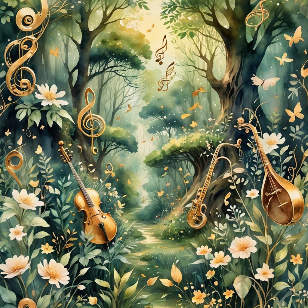 Musical Forest in Watercolor Fantasy Art