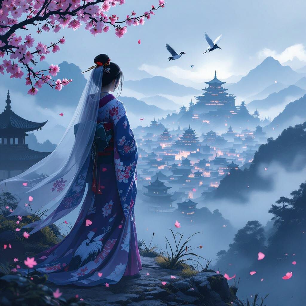 Ethereal Geisha on Misty Mountaintop in Hyperrealistic Style