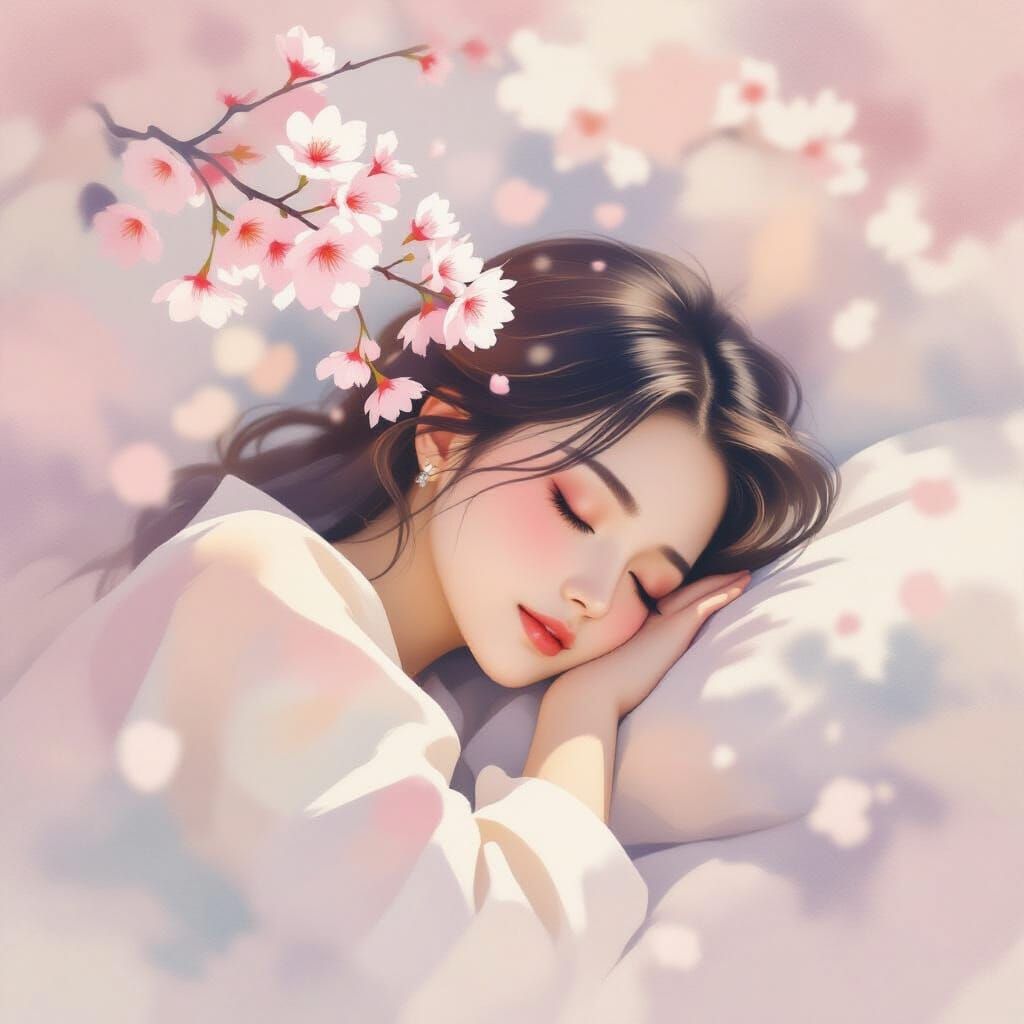 Dreaming Woman Surrounded by Ethereal Sakura Blossoms
