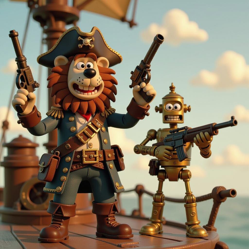 Steampunk Lion Pirate and Robot on Airship