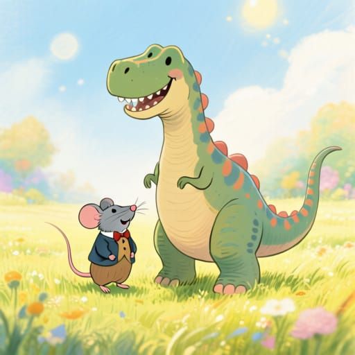Tiny Mouse and Dinosaur Friends in Sunny Meadow