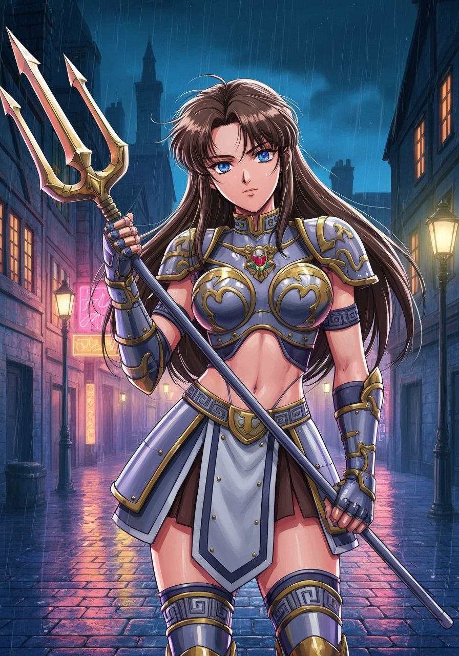 Anime Warrior Woman in Greek Armor with Trident