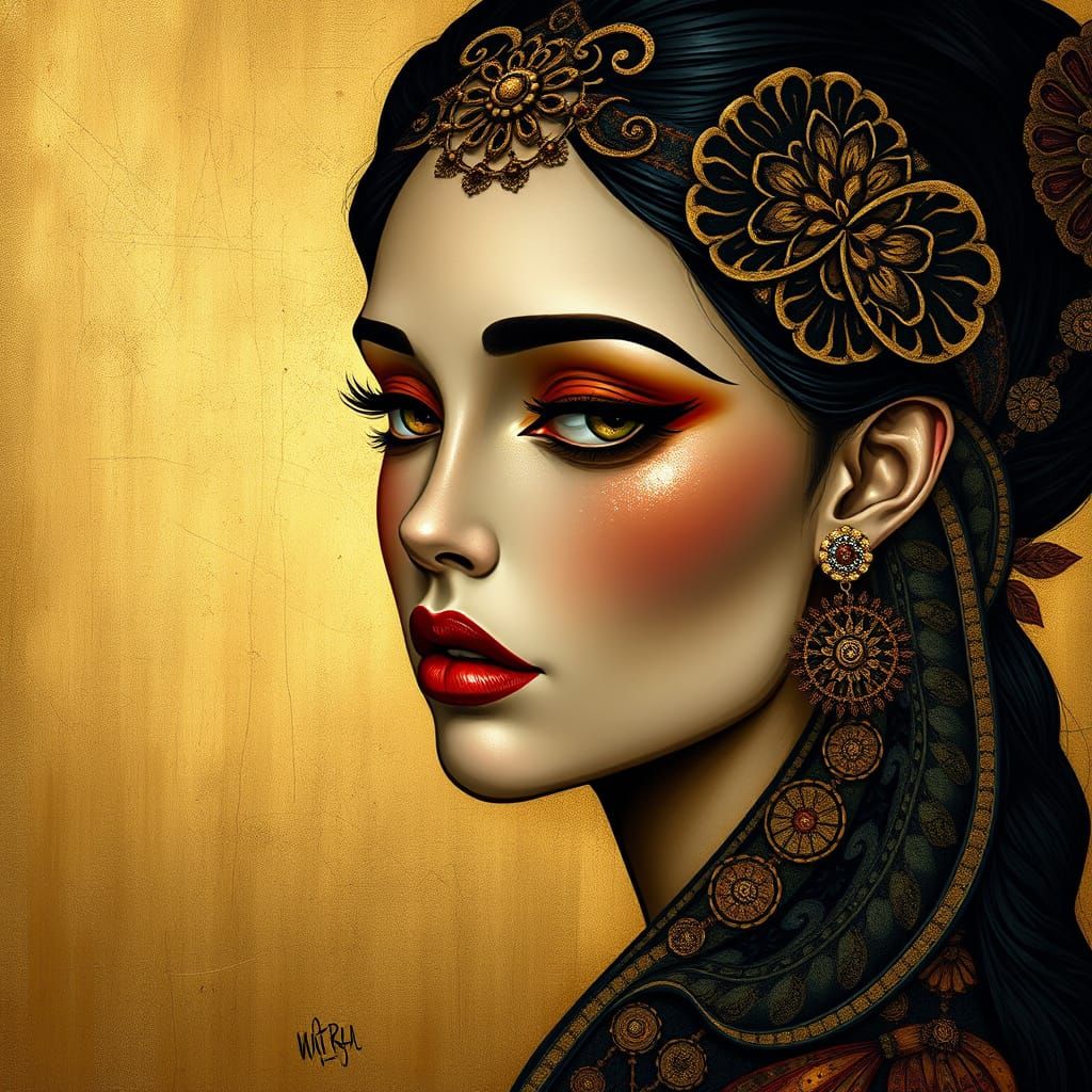 Woman in Jewel-Toned Filigree with Exaggerated Facial Featur...