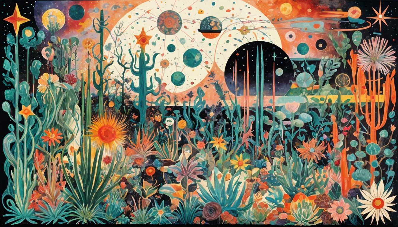 Retrofuturistic Star Garden in Vintage Art Style