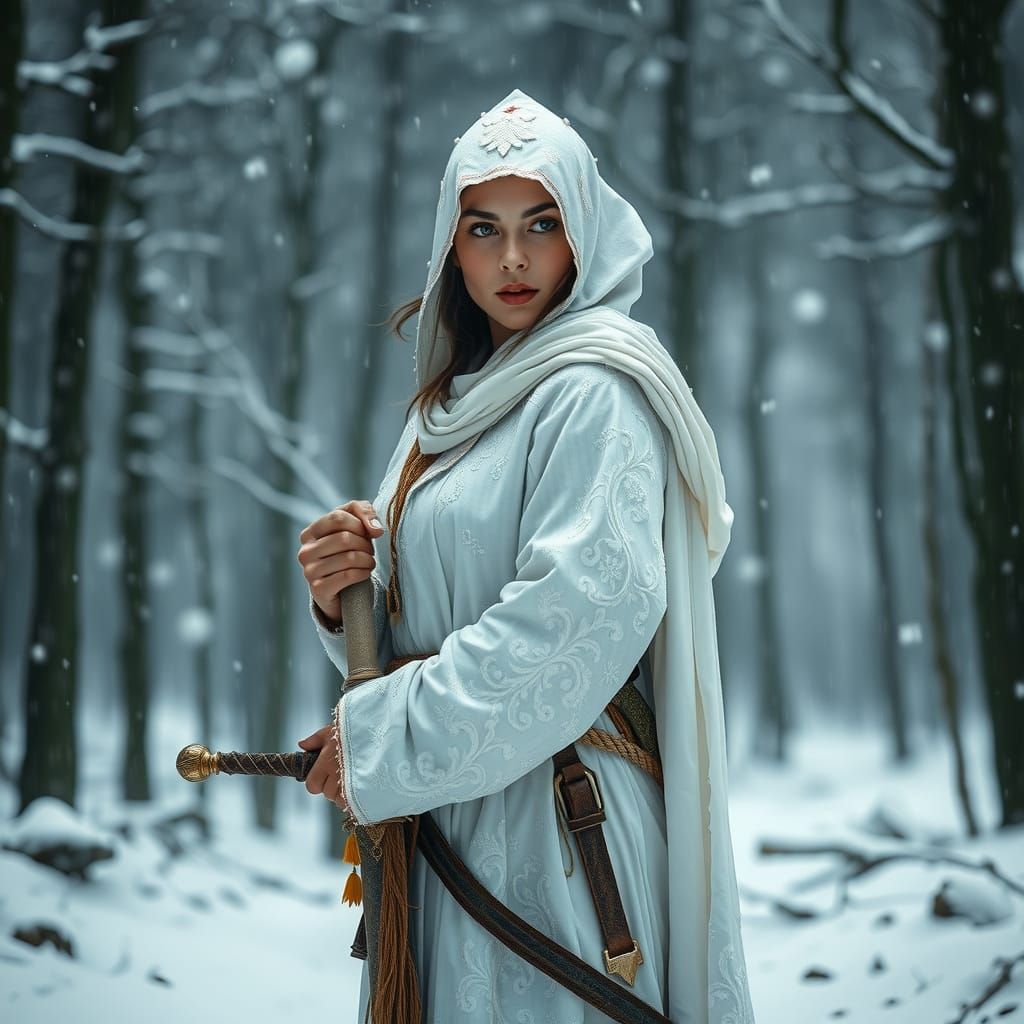 Woman Warrior in Snowy Forest: Hyperrealistic Style