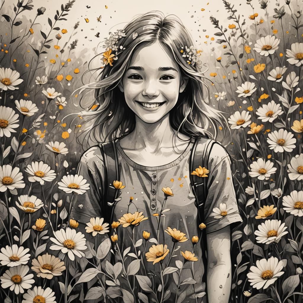 Smiling Girl Surrounded by Flowers in Pencil Sketch