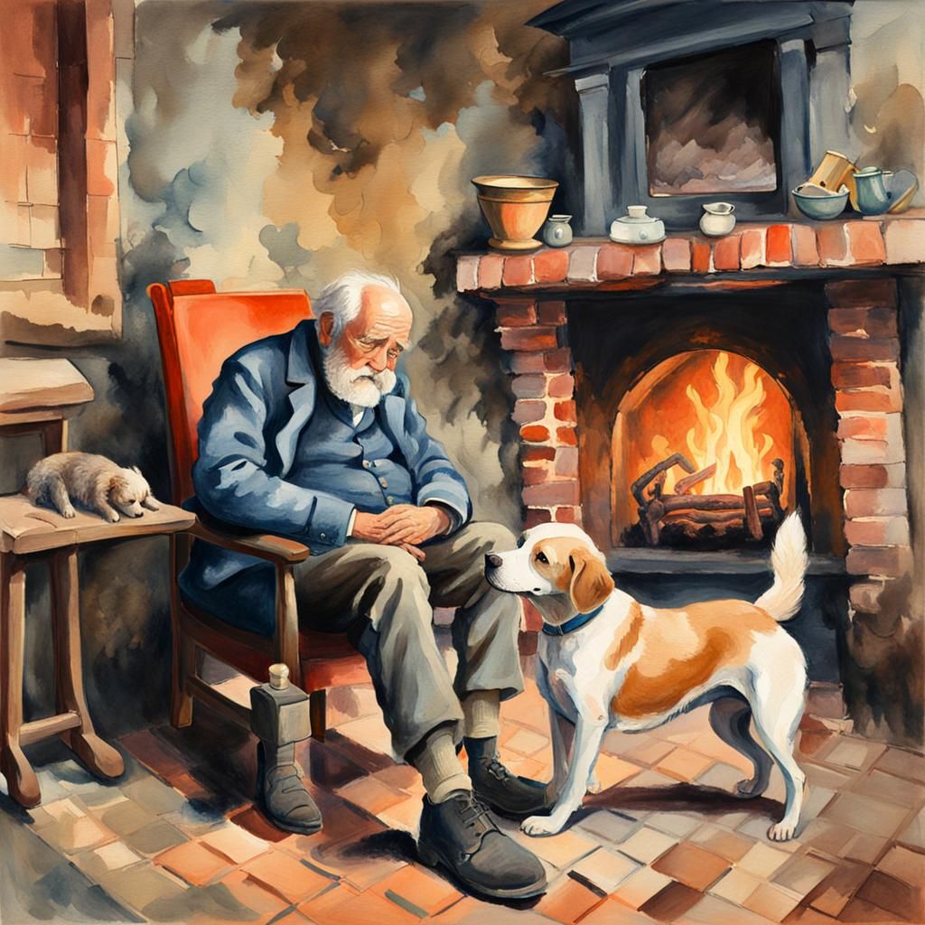 Cozy Fireplace Scene with Man and Dog