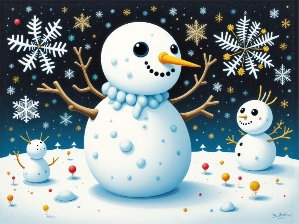 Whimsical Snowman Character with Cosmic and Balloon Accents