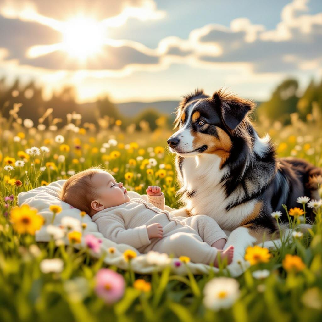 Baby Protected by Dog in Flower Meadow