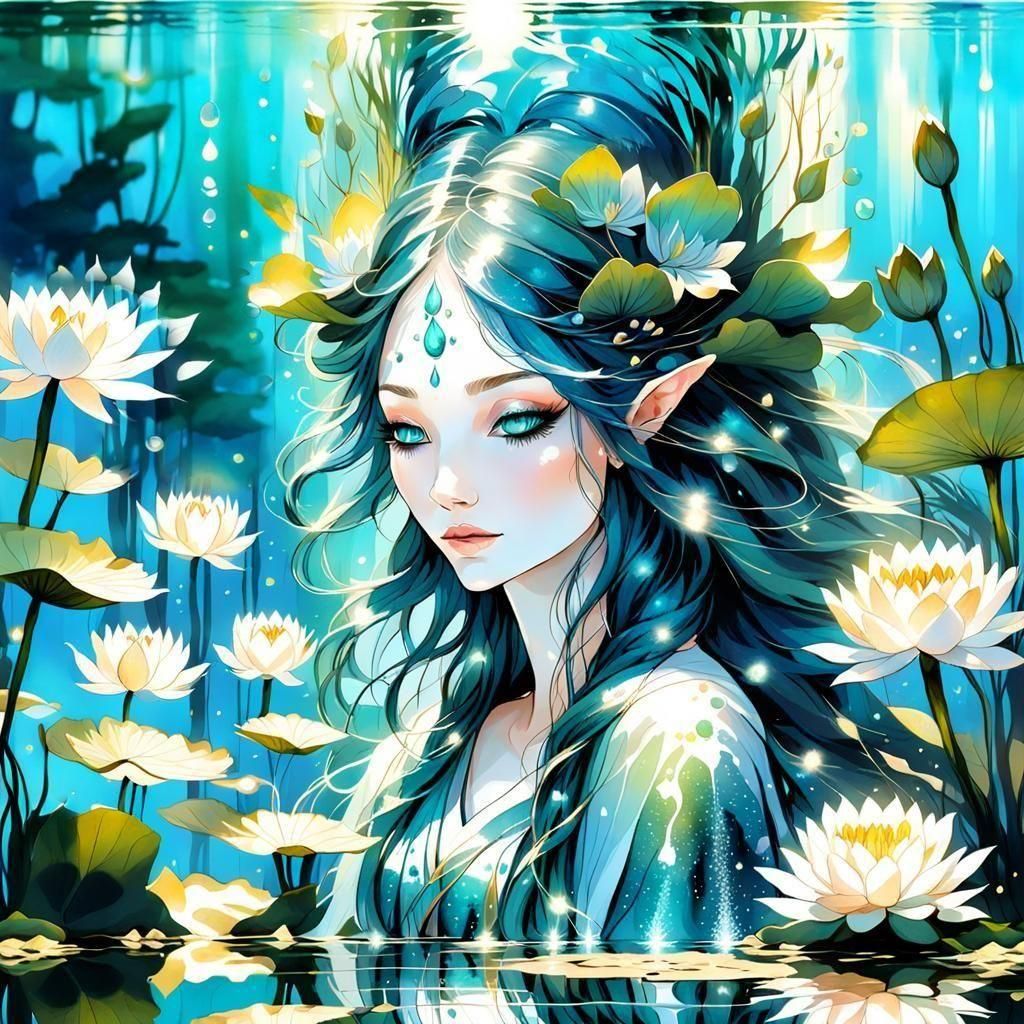 Ethereal Water Nymph Emerges from Enchanted Lily Pond