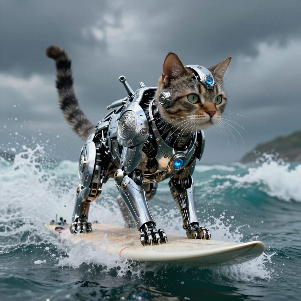 Cyberpunk Cat Surfing Epic Sci-Fi Wave
