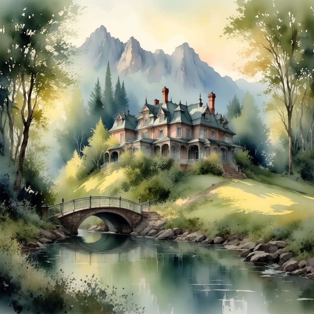 Victorian House by Pond with Bridge and Mountains