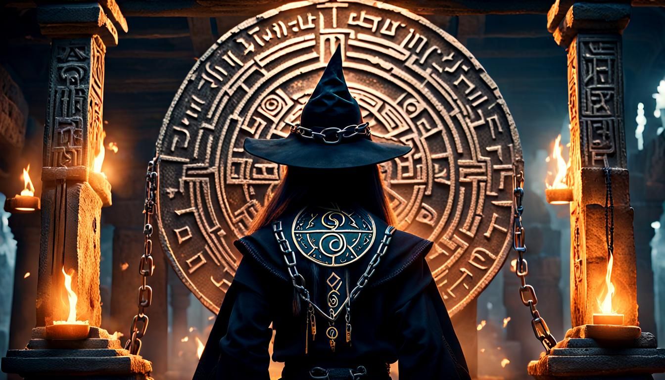 Powerful Witch with Glowing Runes in Ancient Temple