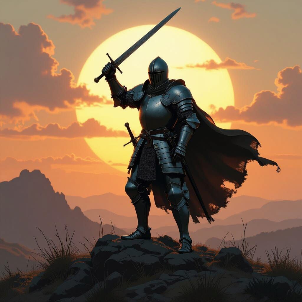Medieval Knight Silhouette in Golden Hour Lighting