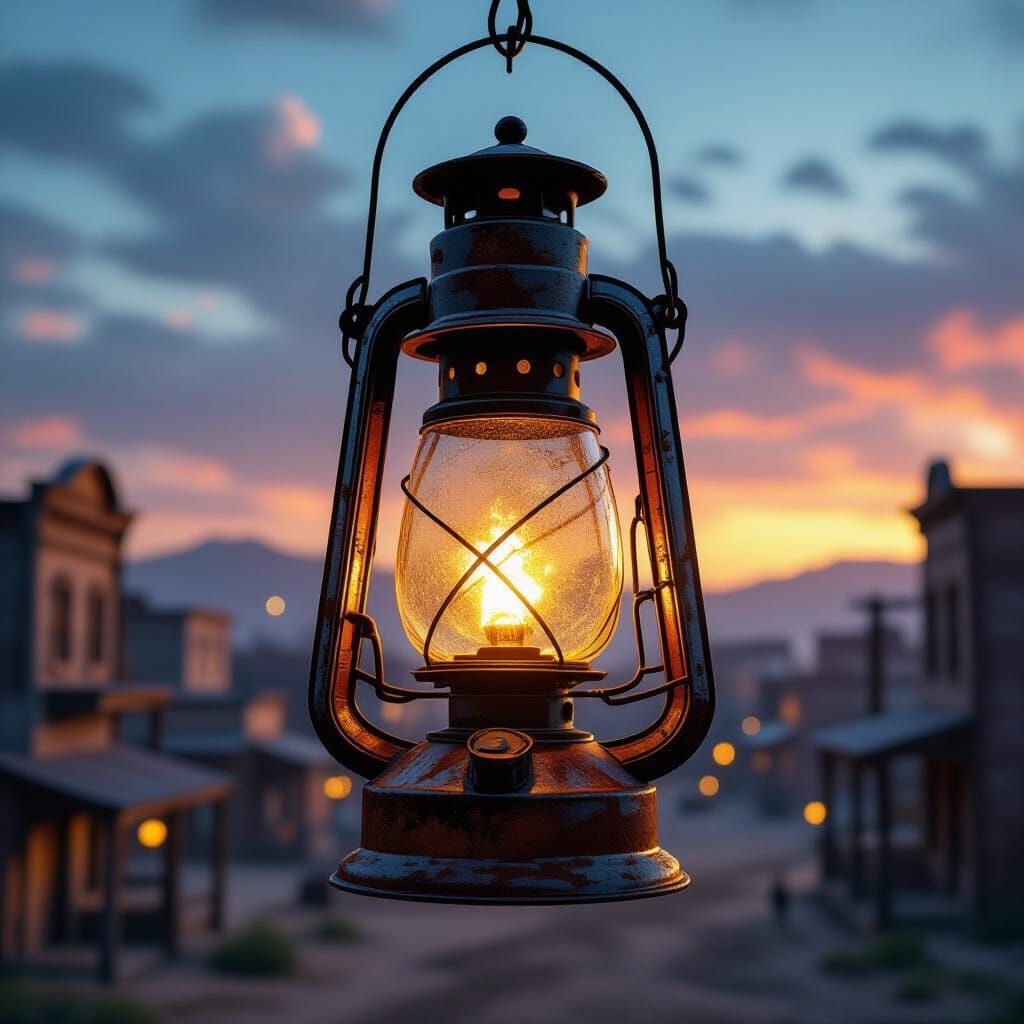 Old Western City Inside Antique Lantern